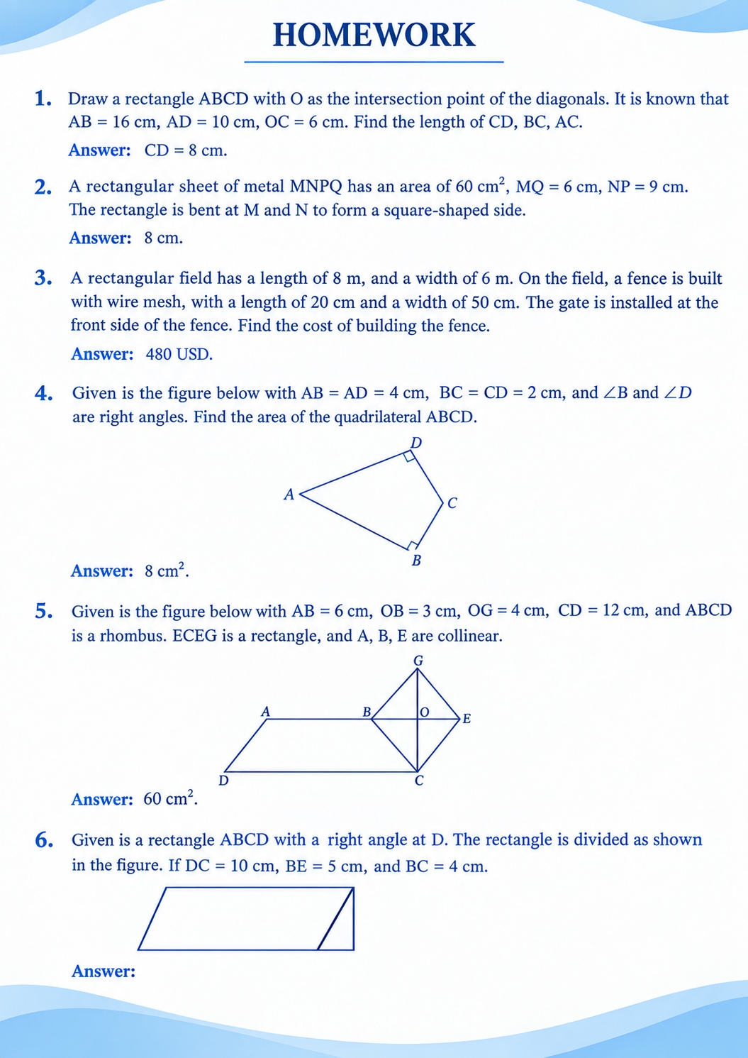 Bài tập Plane Geometry giúp củng cố kiến thức góc, chu vi và diện tích.